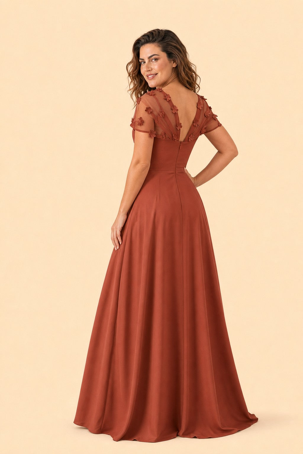 Plus Size Backless A-Line Formal Gown with Floral Appliqué and Satin Skirt