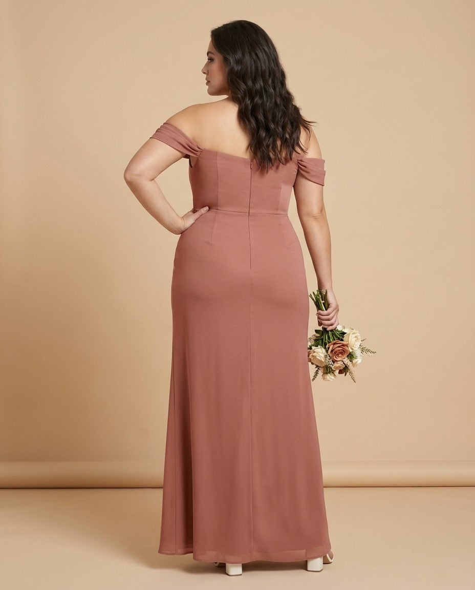 Elanthia Plus Size Off The Shoulder Mesh Bridesmaid Dress With Leg Slit For Wedding Party -N0346