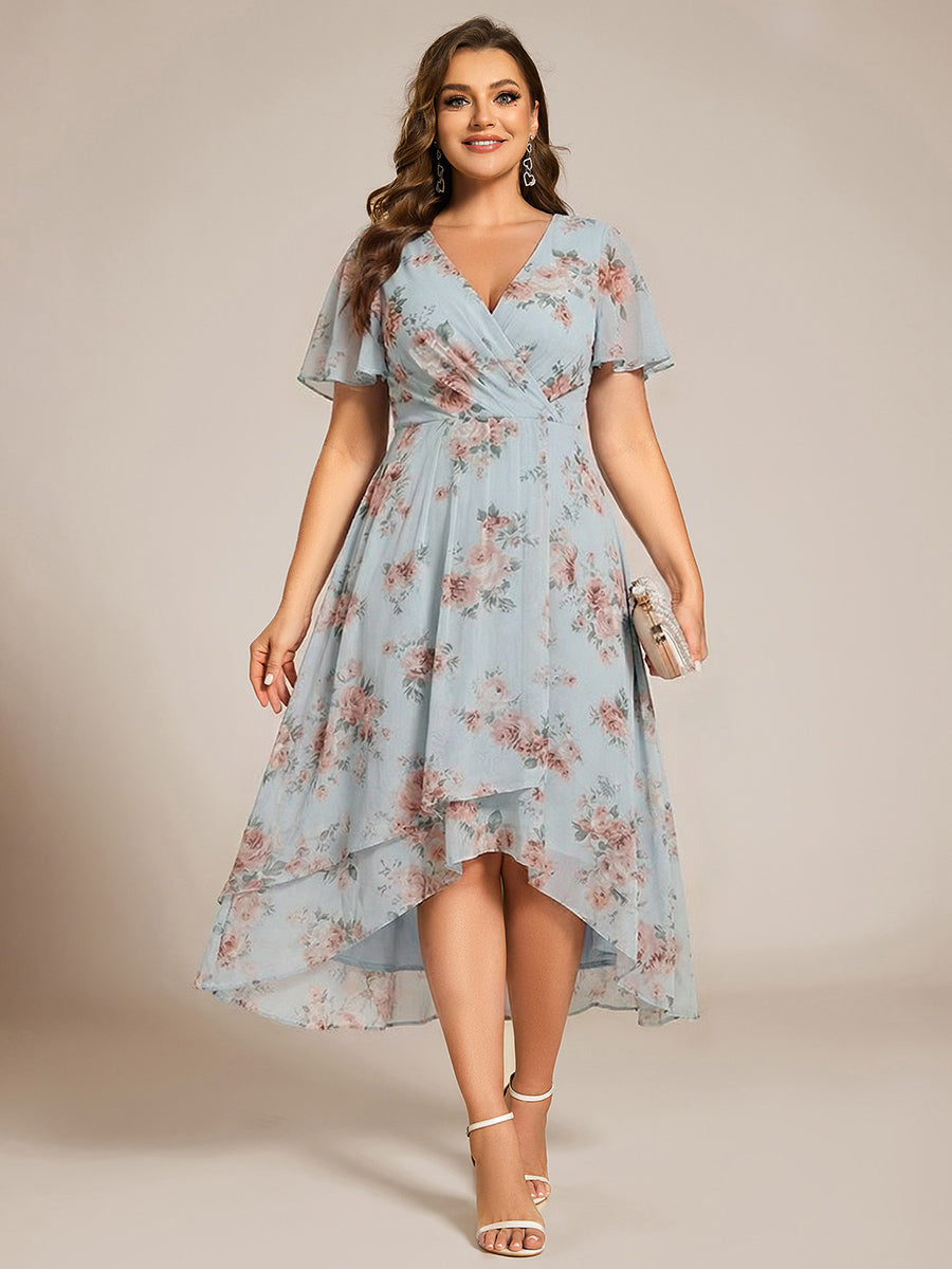 Plus Size Chiffon Short Sleeves Pleated V-Neck A-Line Midi Wedding Guest Dress