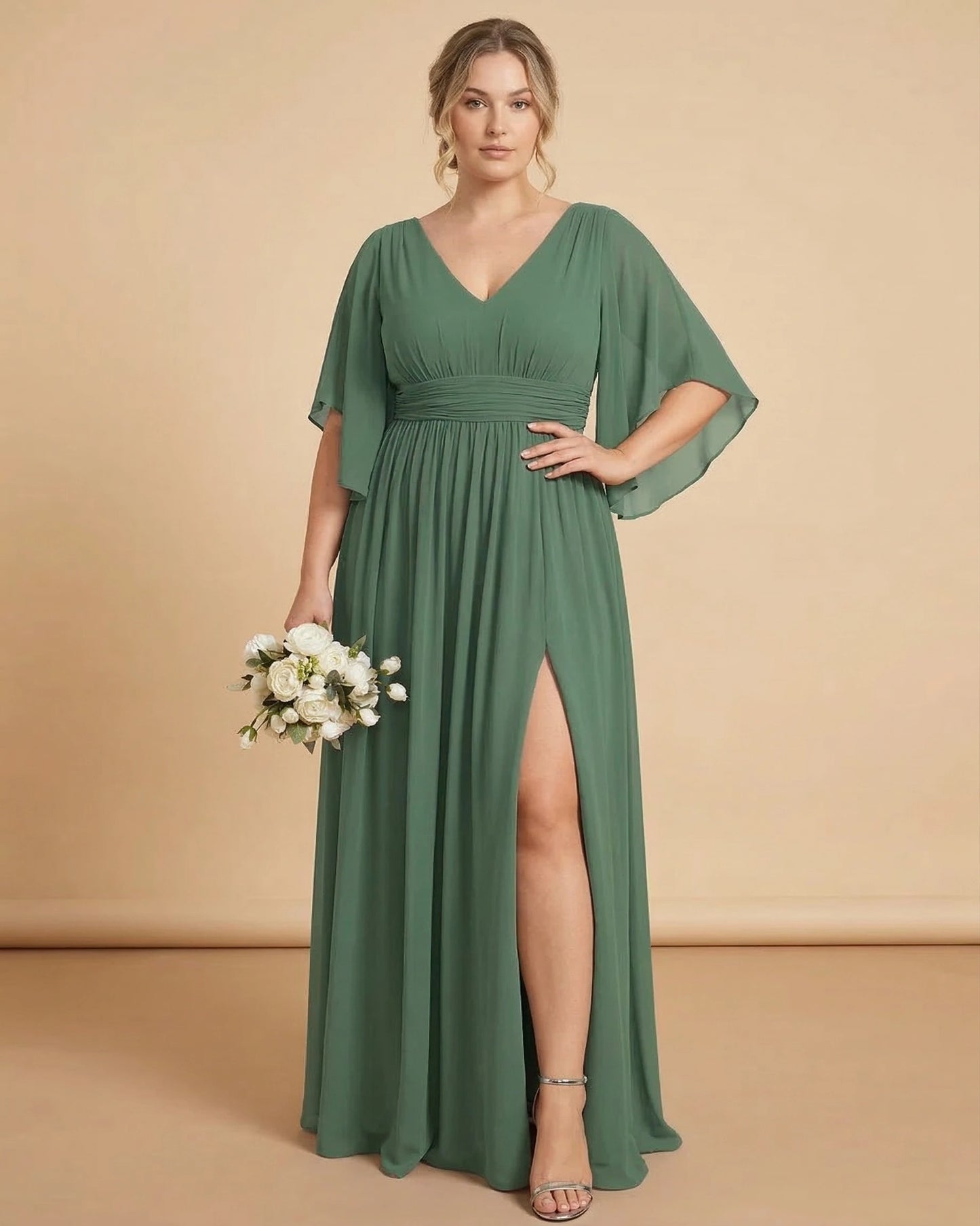 Petaline Romantic Plus Size A-Line Bridesmaid Dress with V-Neck Pleated Chiffon - for Weddings N0301