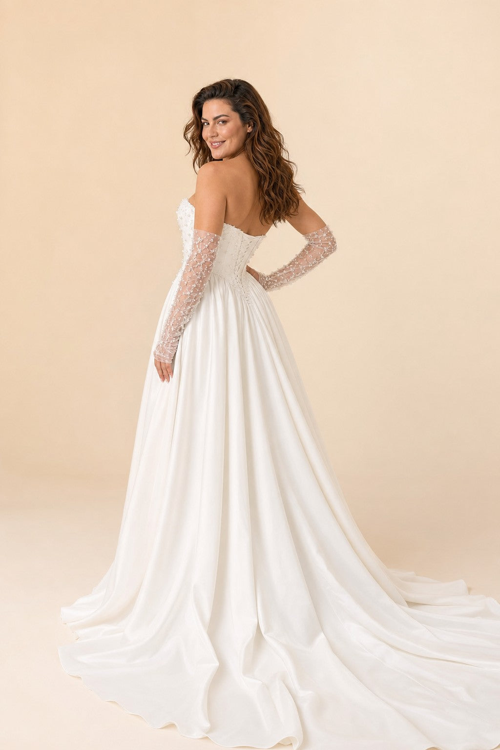 Strapless A-Line Wedding Dress with Basque Waist Beading Slit Open Back for Plus Size Brides