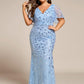 Fashion Plus Size V Neck Mermaid Sequin & Tulle Evening Dress