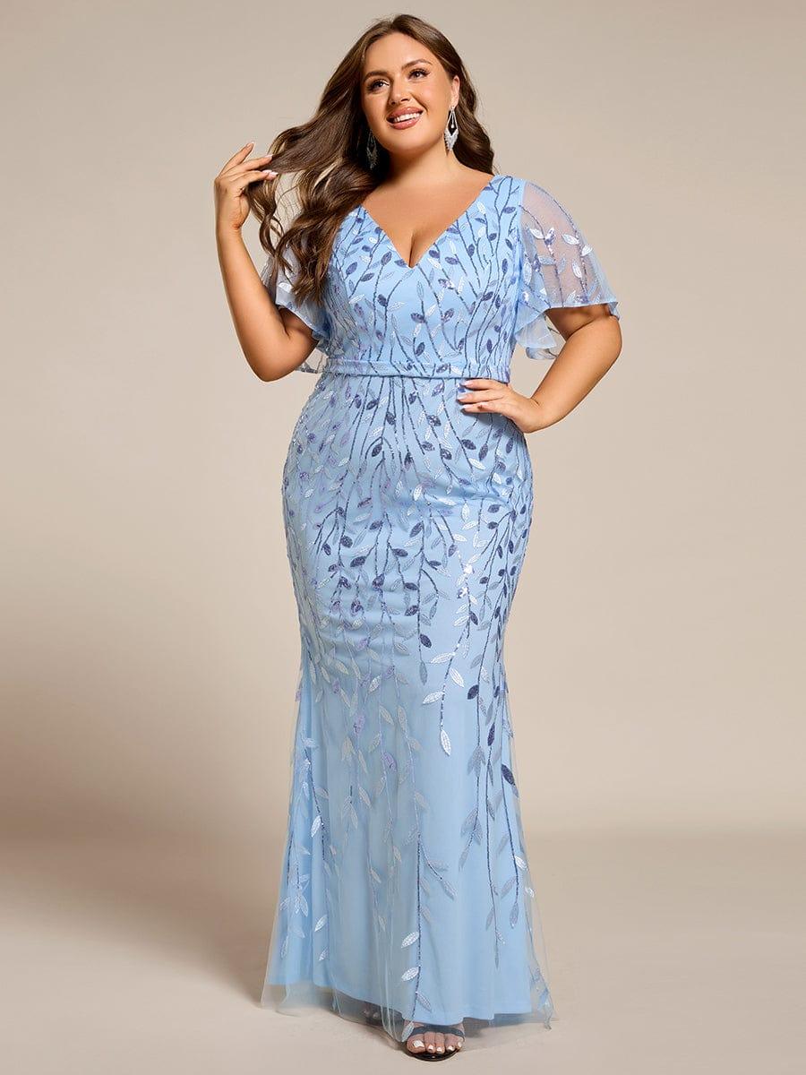 Fashion Plus Size V Neck Mermaid Sequin & Tulle Evening Dress