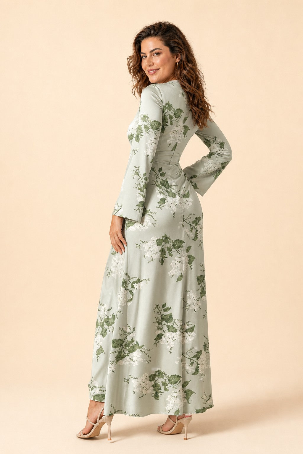 Floral Satin Charmeuse Plus Size Bridesmaid Dress with Elegant Peony Print Bridesmaid Gown Style