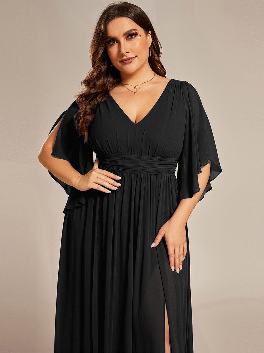 Plus Size Half Sleeve Pleated A-Line V-Neck Chiffon Bridesmaid Dress