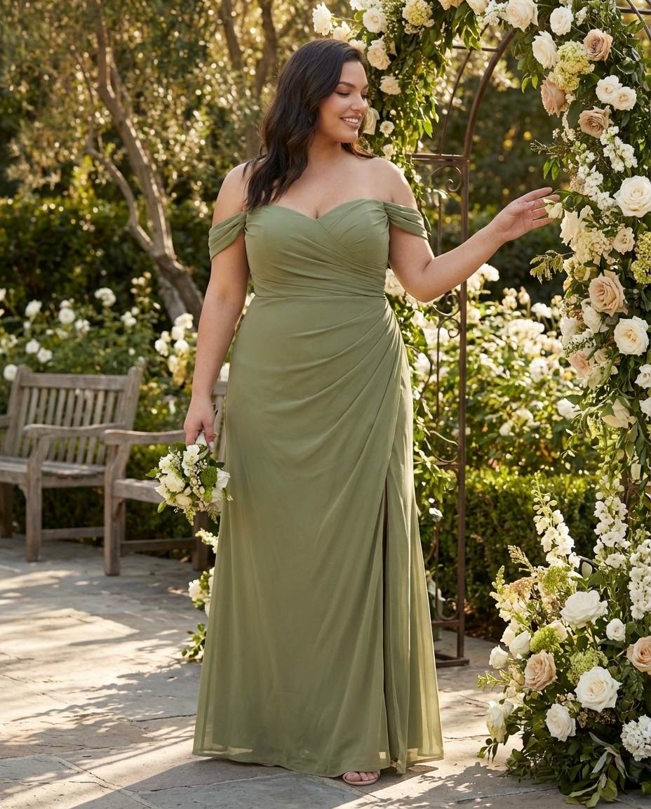 Elanthia Convertible Off-the-Shoulder Mesh Plus Size Bridesmaid Dress for Weddings - N0344