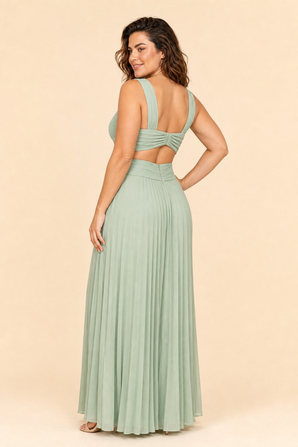 Plus Size Halter Bridesmaid Dress with Pleated Chiffon A-Line Skirt - Open Back and Side Slit