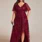 Plus Size Short Sleeves Sequin High Low V-Neck Midi Formal Evening Dress