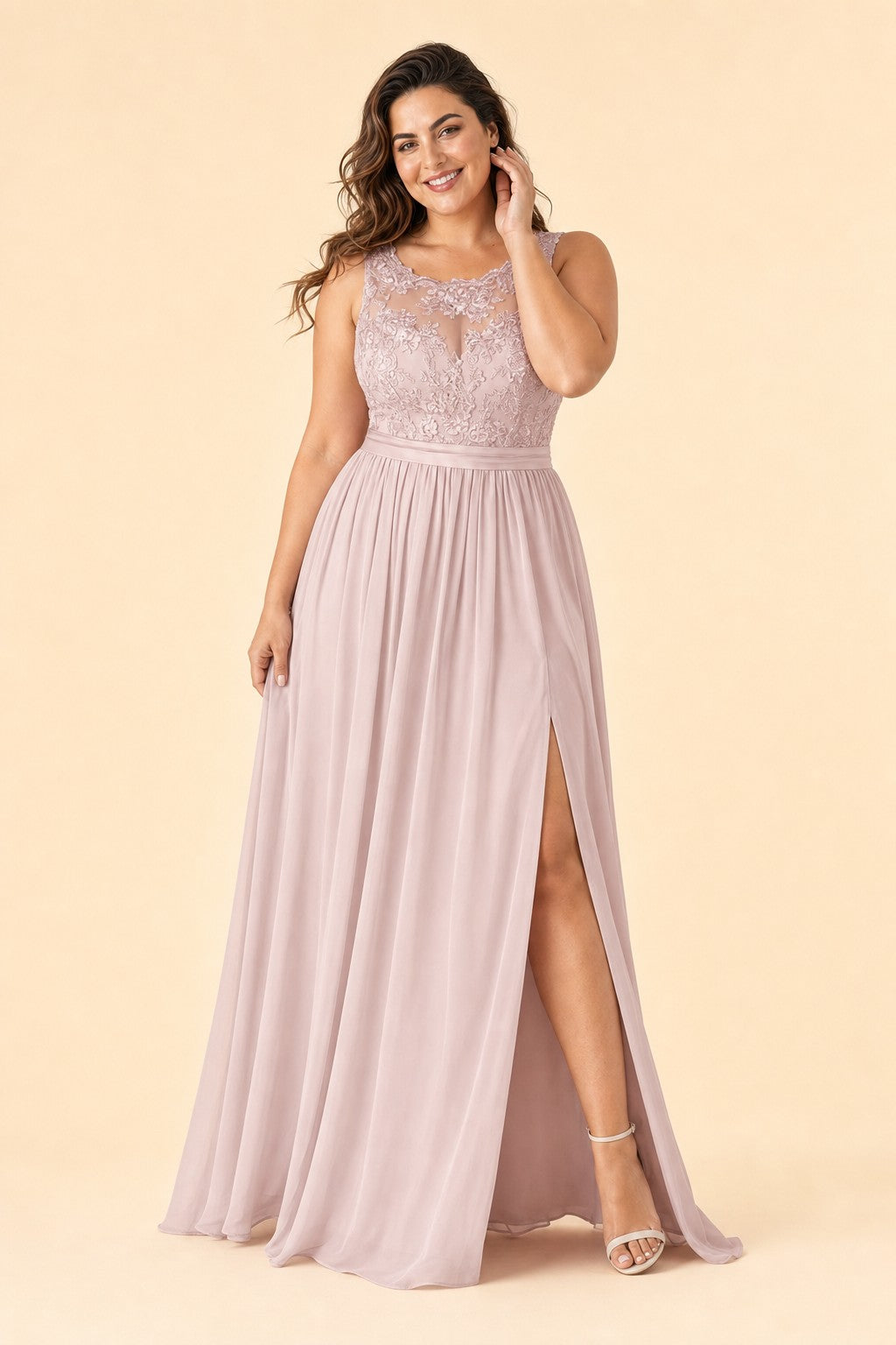 Plus Size Lace Bridesmaid Dress with Slit and Pockets Elegant A-Line Chiffon Open Back Formal Gown