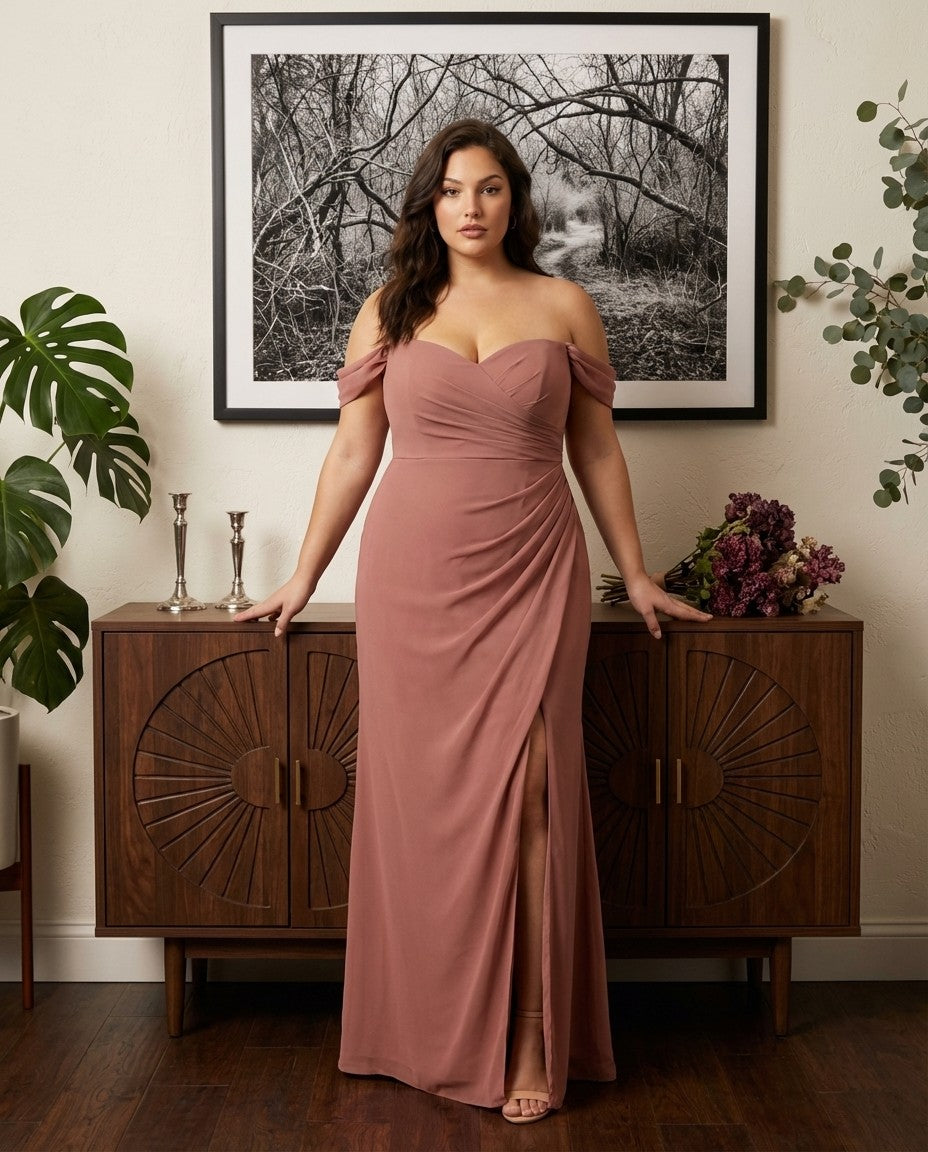 Elanthia Plus Size Off The Shoulder Mesh Bridesmaid Dress With Leg Slit For Wedding Party -N0346