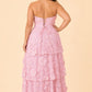 Romantic Lace Up Back Bridesmaid Gown Featuring 3D Floral Appliqué Tiered Flowy Skirt
