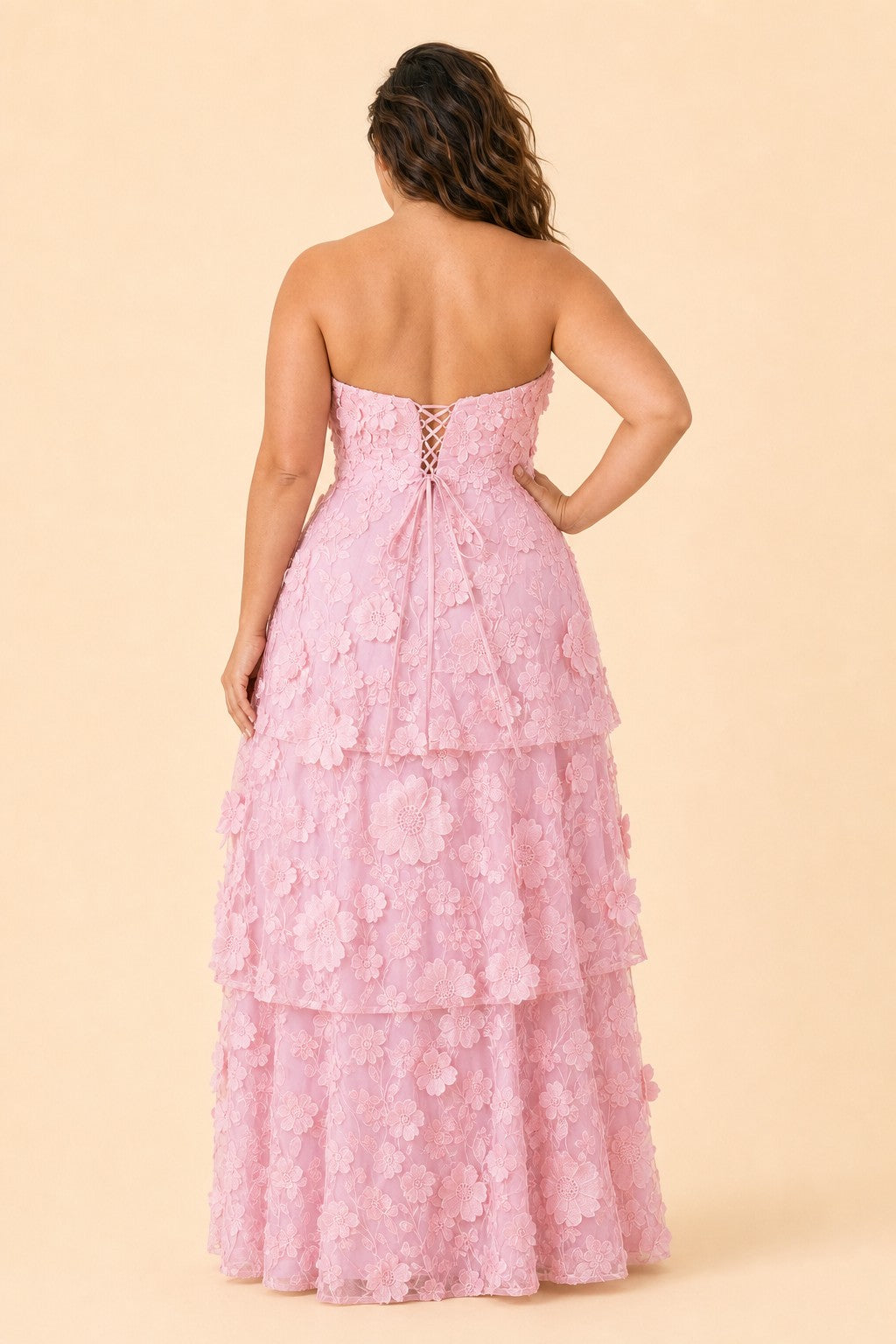 Romantic Lace Up Back Bridesmaid Gown Featuring 3D Floral Appliqué Tiered Flowy Skirt