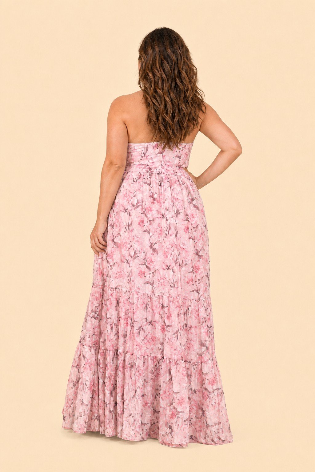 Romantic Floral Print Strapless Bridesmaid Dress with Open Back Detail