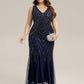 Plus Size Deep V-Neck Bead Embroidery Evening Dress