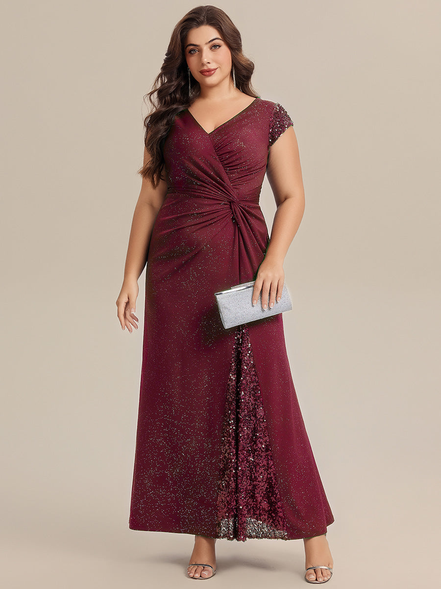 Plus Size Knotted Knit Cap Sleeve Maxi Glitter Evening Dress
