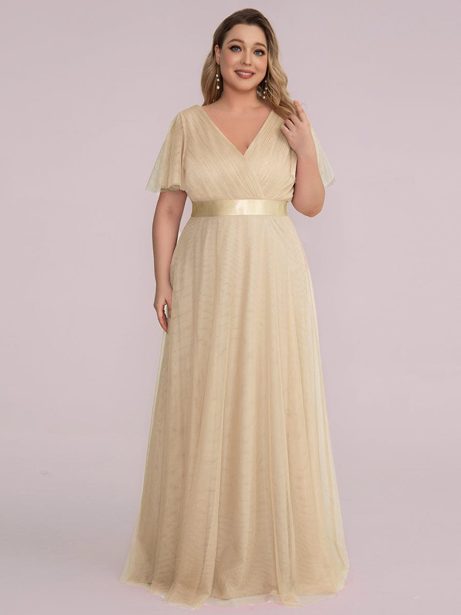 Women's Floor-Length Plus Size Formal Bridesmaid Dress with Short Sleeve