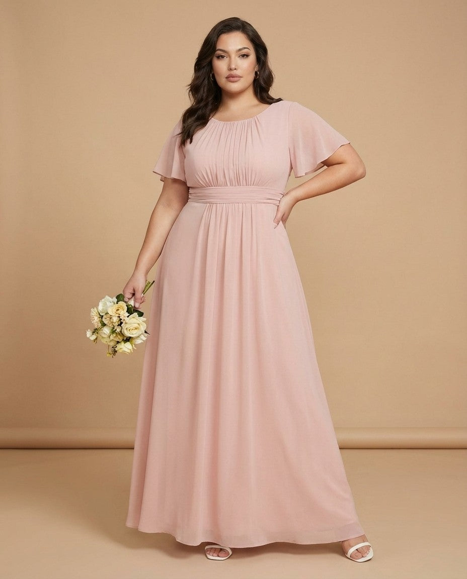 Petaline Plus Size Short Sleeve Chiffon Bridesmaid Dress N0322