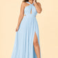 Plus Size Halter Bridesmaid Dress with Pleated Chiffon A-Line Skirt - Open Back and Side Slit