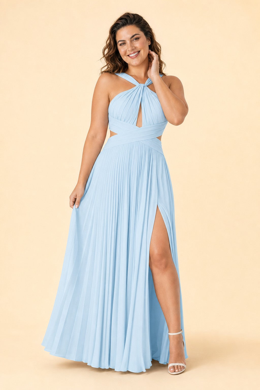 Plus Size Halter Bridesmaid Dress with Pleated Chiffon A-Line Skirt - Open Back and Side Slit