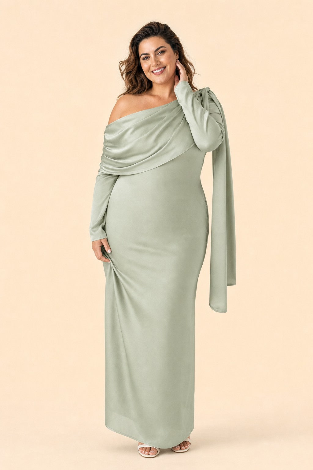 Romantic Bridesmaid Dress with One Shoulder Sleeve and Tie Accent