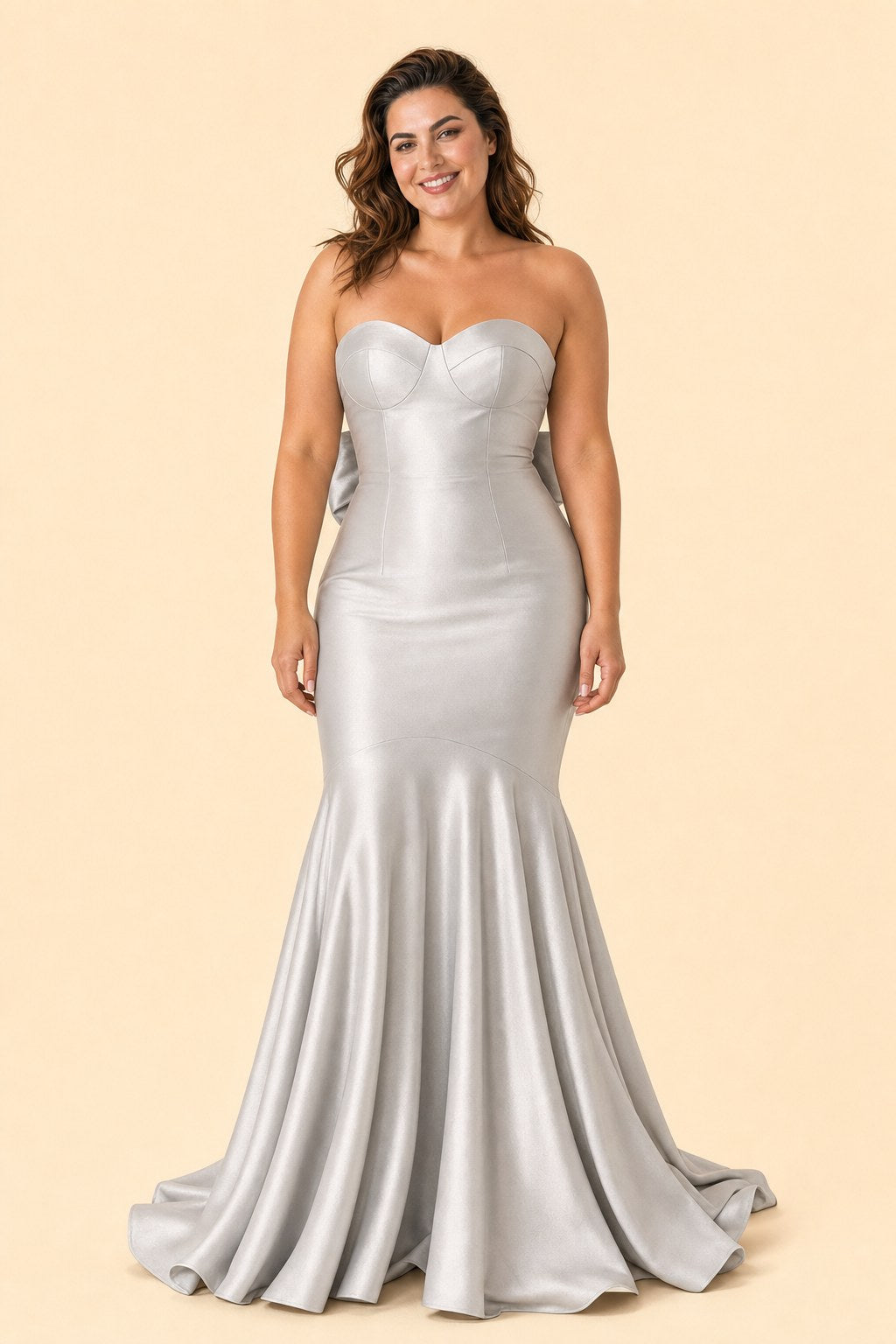 Plus Size Strapless Bridesmaid Dress with Bow Back and Chapel Train