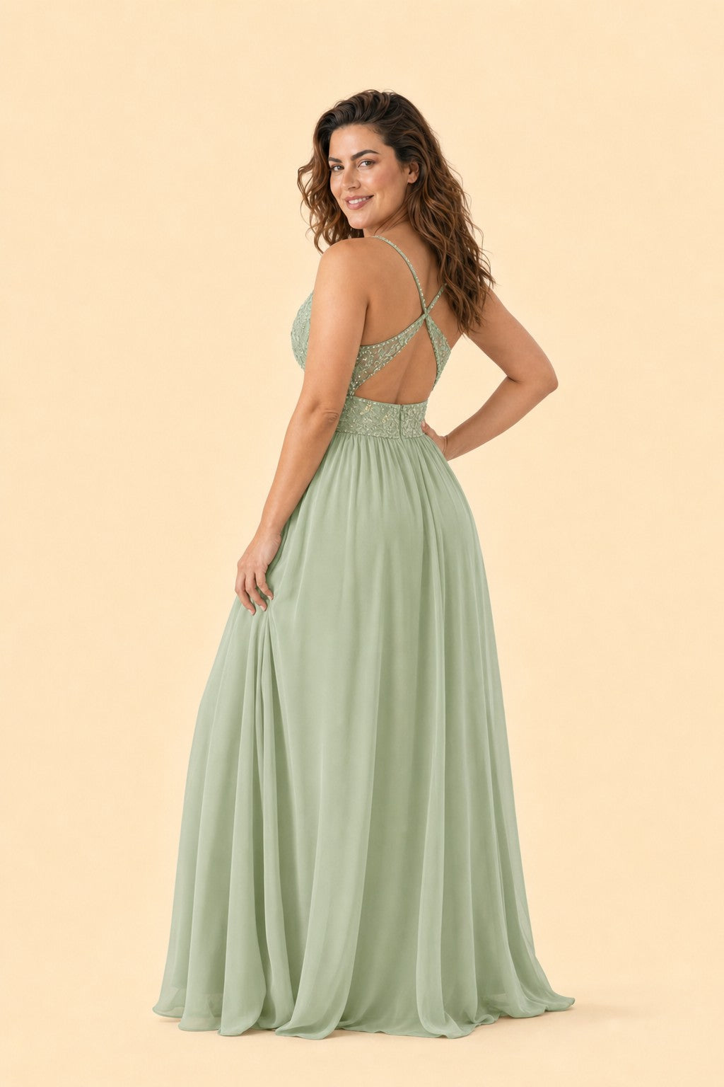 Plus Size Bridesmaid Evening Gown with Sequins Lace and Elegant Open Back A-Line Dress Maxi