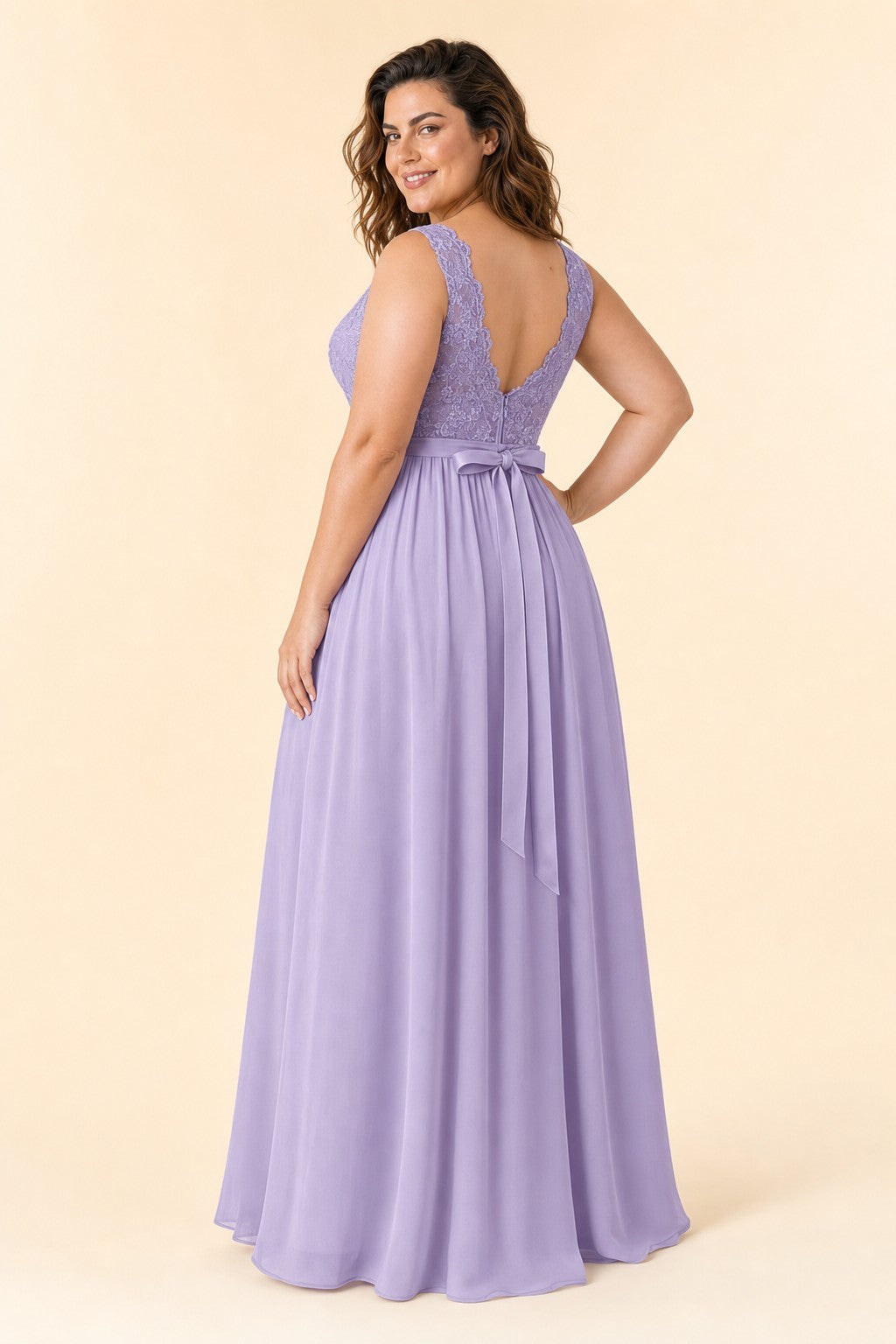 Plus Size Lace Bridesmaid Dress with Slit and Pockets Elegant A-Line Chiffon Open Back Formal Gown