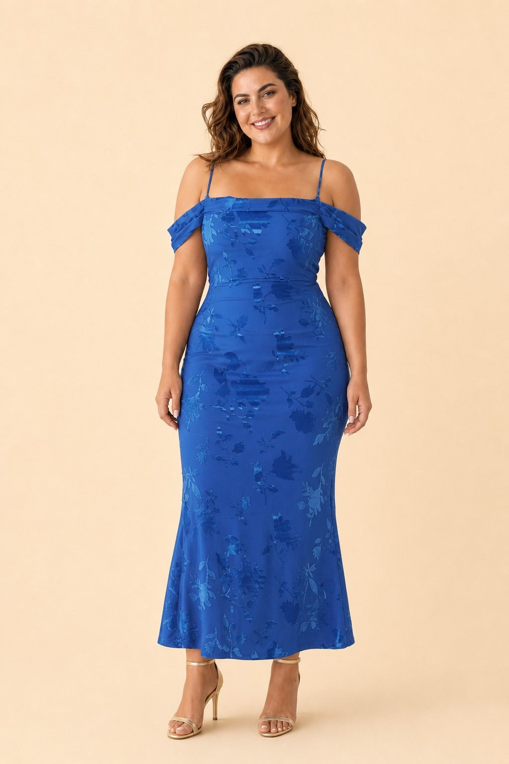 Plus Size Off Shoulder Burnout Floral Bridesmaid Dress with Lace-Up Back