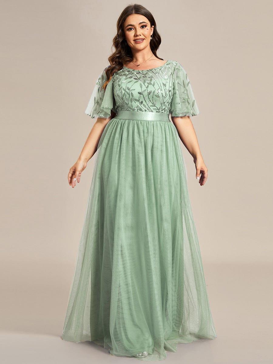 Plus Size Women's Embroidery Evening Dresses with Short Sleeve