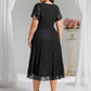 Plus Size Short Sleeves V-Neck A-Line Lace Midi Wedding Guest Dress