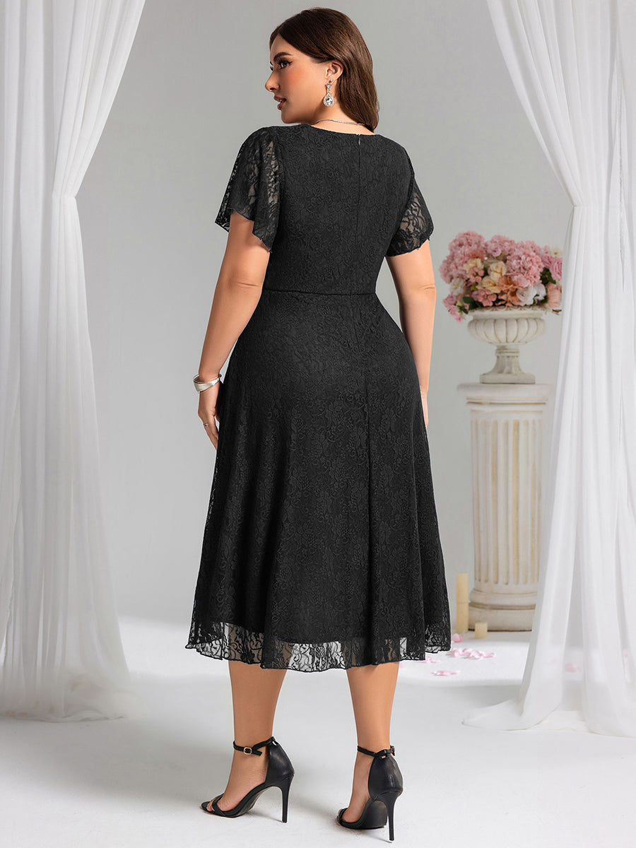 Plus Size Short Sleeves V-Neck A-Line Lace Midi Wedding Guest Dress