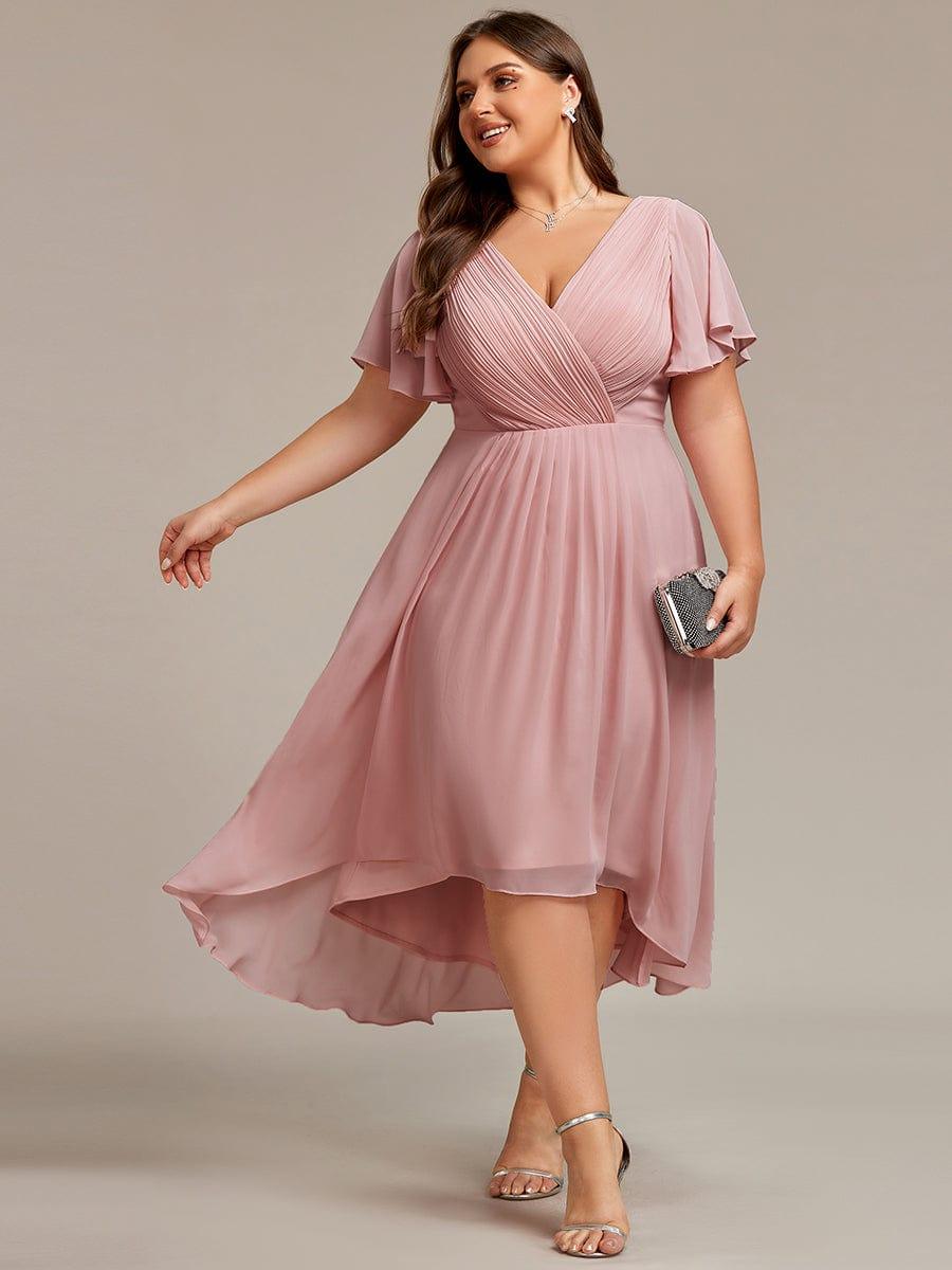 Plus Size Double V-Neck Ruffles Sleeve Chiffon Midi Wedding Guest Dress