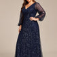 Plus Size V-Neck Lantern Long Sleeve Sequin A-Line Evening Dress