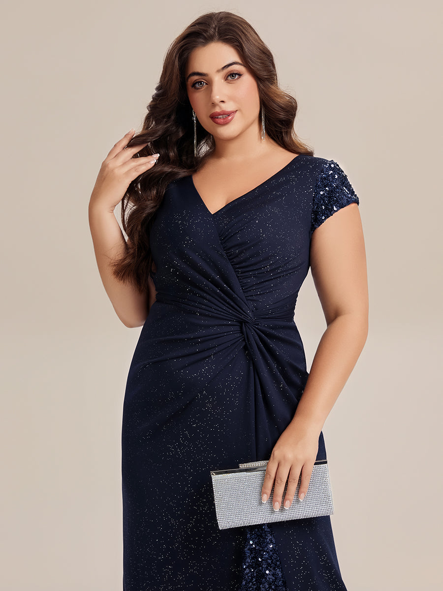 Plus Size Knotted Knit Cap Sleeve Maxi Glitter Evening Dress