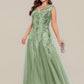 Plus Size V-Neck Sequin High Stretch Cap Sleeve Tulle Formal Dress