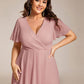 Plus Size Chiffon Short Sleeves Pleated V-Neck A-Line Midi Wedding Guest Dress