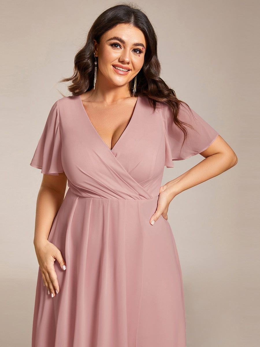 Plus Size Chiffon Short Sleeves Pleated V-Neck A-Line Midi Wedding Guest Dress