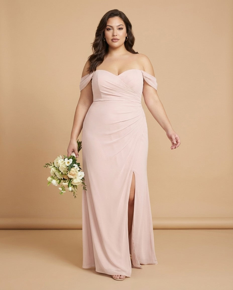 Elanthia Plus Size Off The Shoulder Mesh Bridesmaid Dress With Leg Slit For Wedding Party -N0346