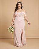 Elanthia Plus Size Off The Shoulder Mesh Bridesmaid Dress With Leg Slit For Wedding Party -N0346