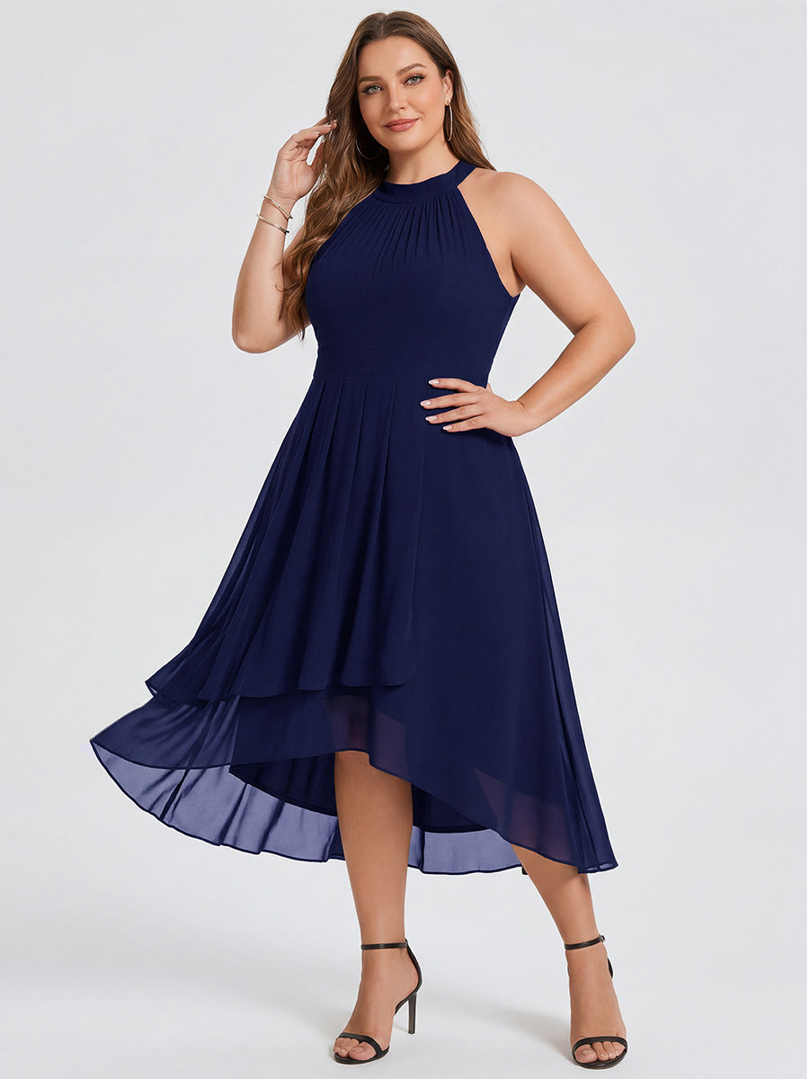 Flowy Plus Size Halter Neck Chiffon Midi Wedding Guest Dress