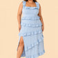 Plus Size Floral Bridesmaid Dress with Tiered Ruffles Stretch Fabric and Elegant Slit