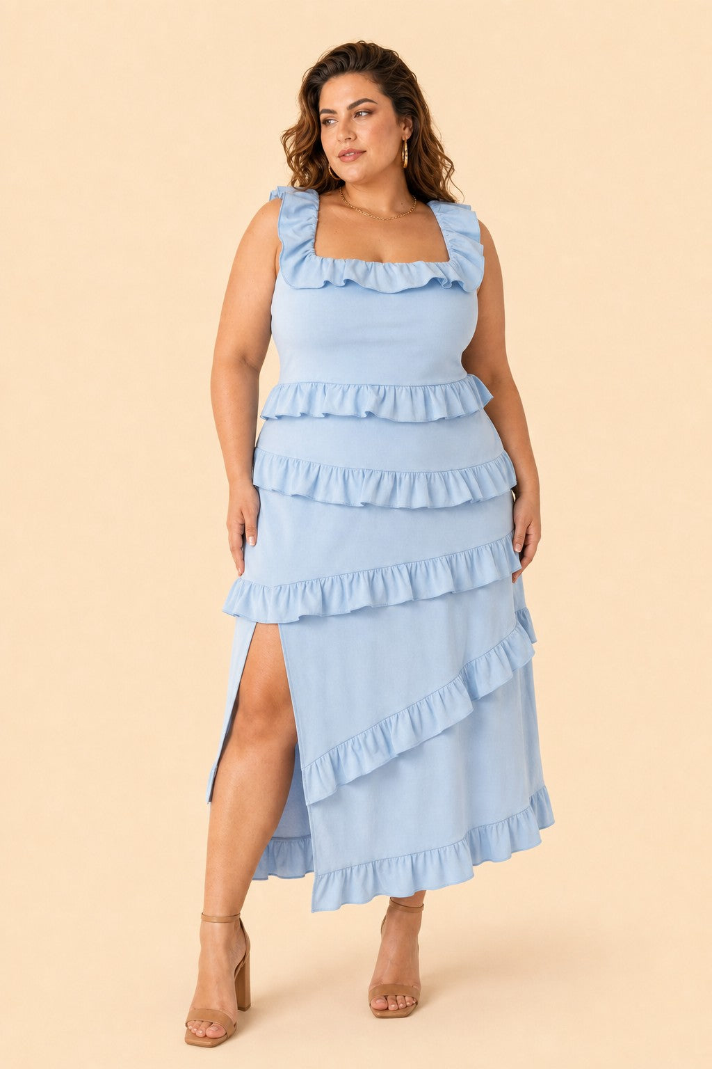 Plus Size Floral Bridesmaid Dress with Tiered Ruffles Stretch Fabric and Elegant Slit
