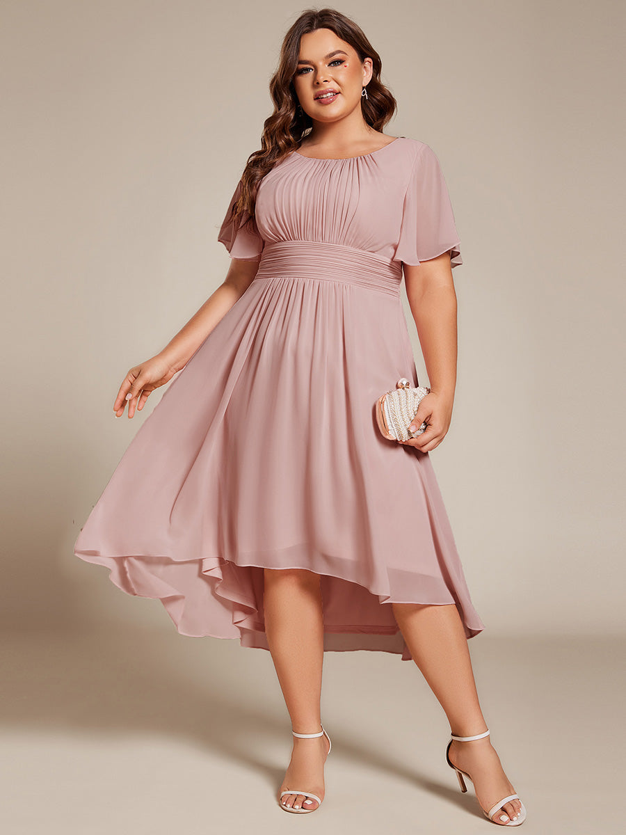 Plus Size Pleated Round Neckline A-Line Midi Chiffon Wedding Guest Dress