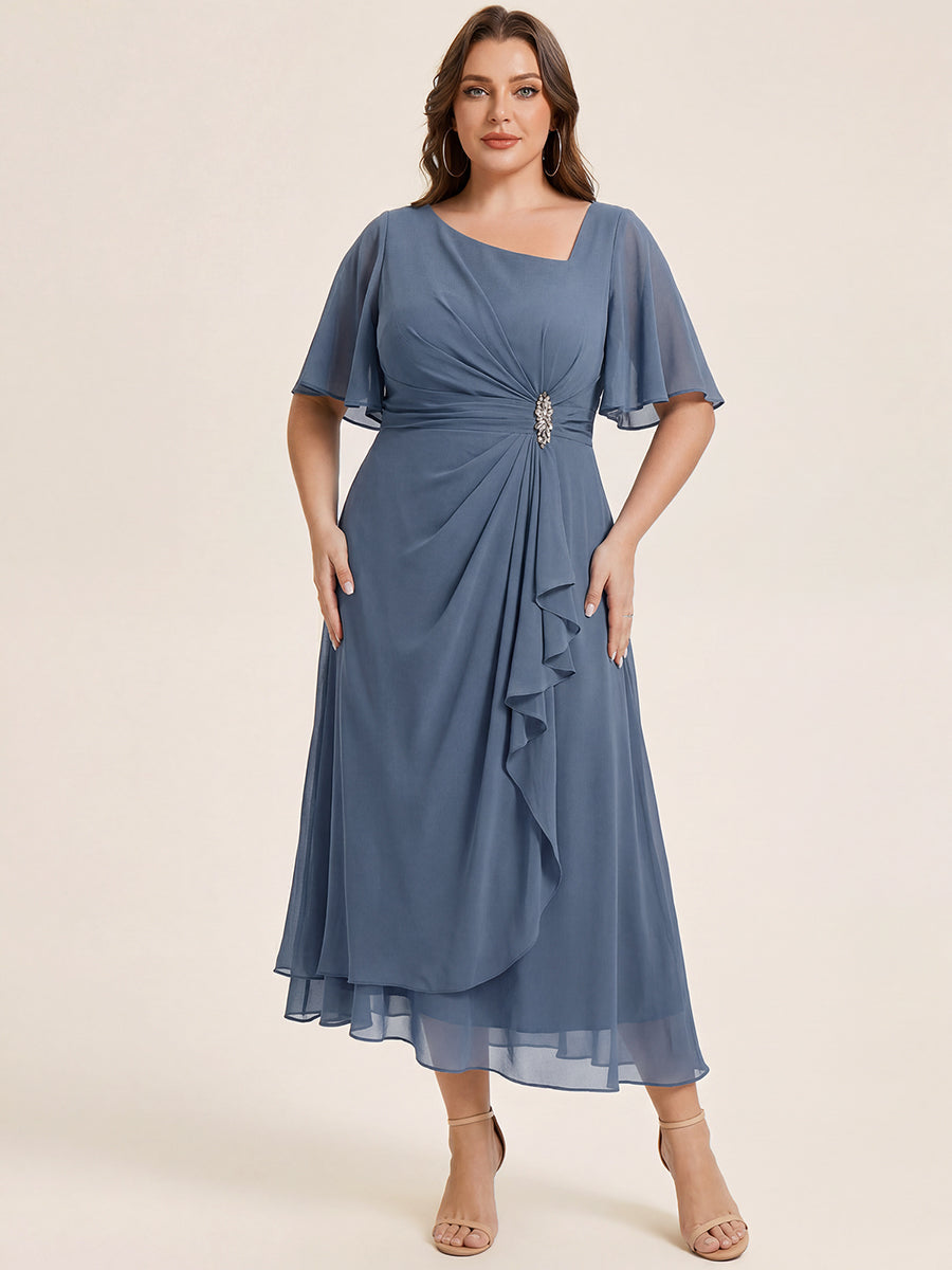 Plus Size Pleated Chiffon Ruffle Sleeve Wedding Guest Dress