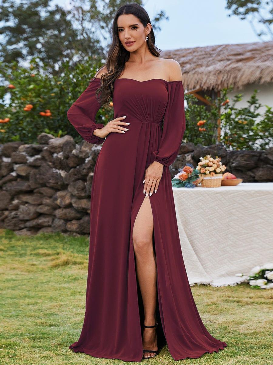 Plus Size High-Slit Waist Pleated Bridesmaid Dress with Long Sleeves