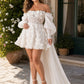 Feminine White A Line Bridal Dress Off Shoulder Detachable Train and 3D Floral Accents