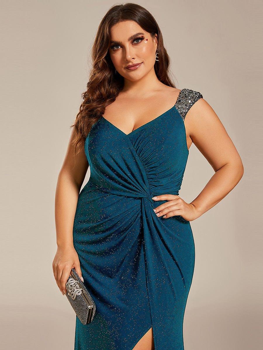 Plus Size Glitter V-Neck High Slit Sequin Shoulder Strap Evening Dress