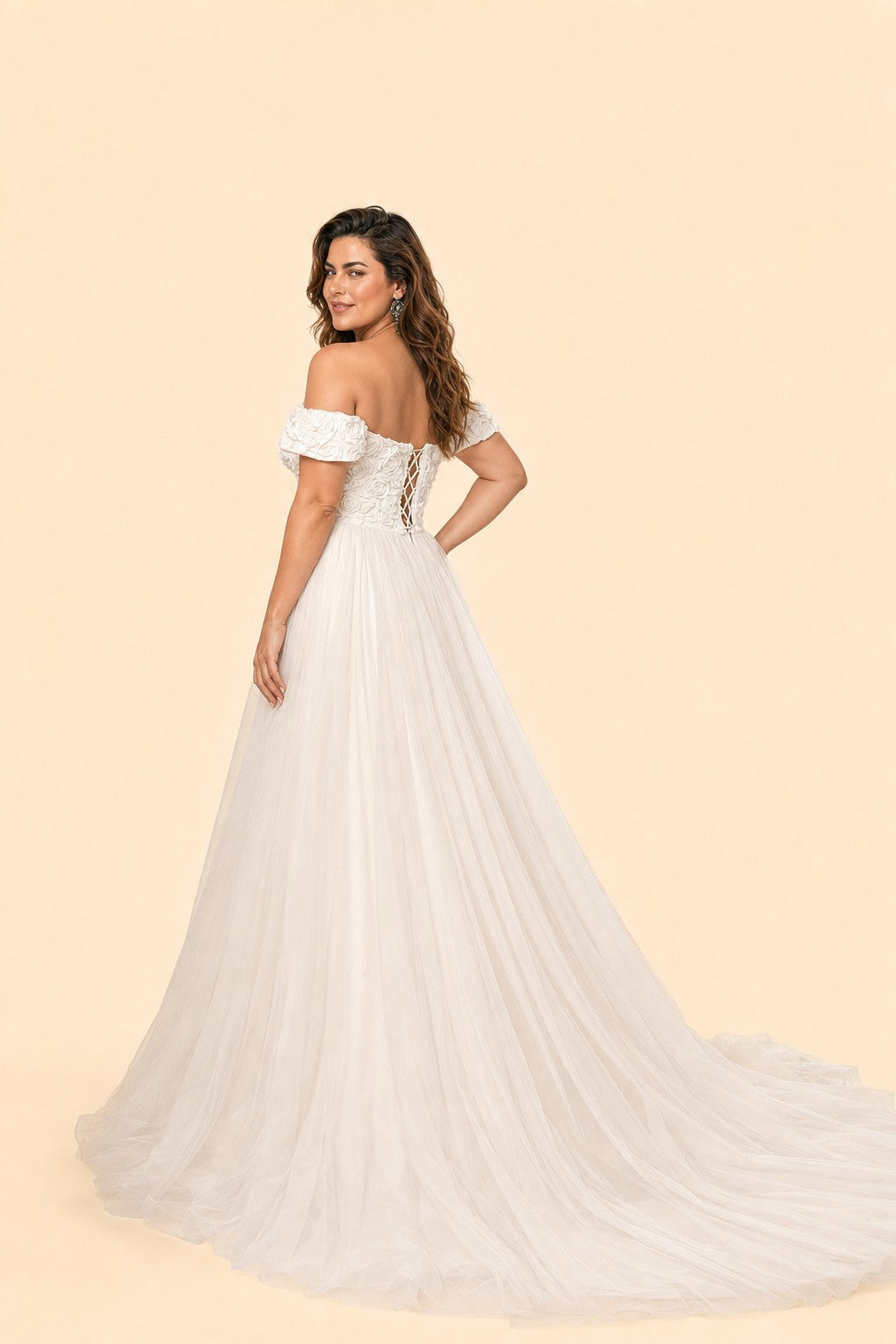 Elegant Plus Size Off-Shoulder Wedding Dress with 3D Floral Appliques and Flowing Tulle Skirt