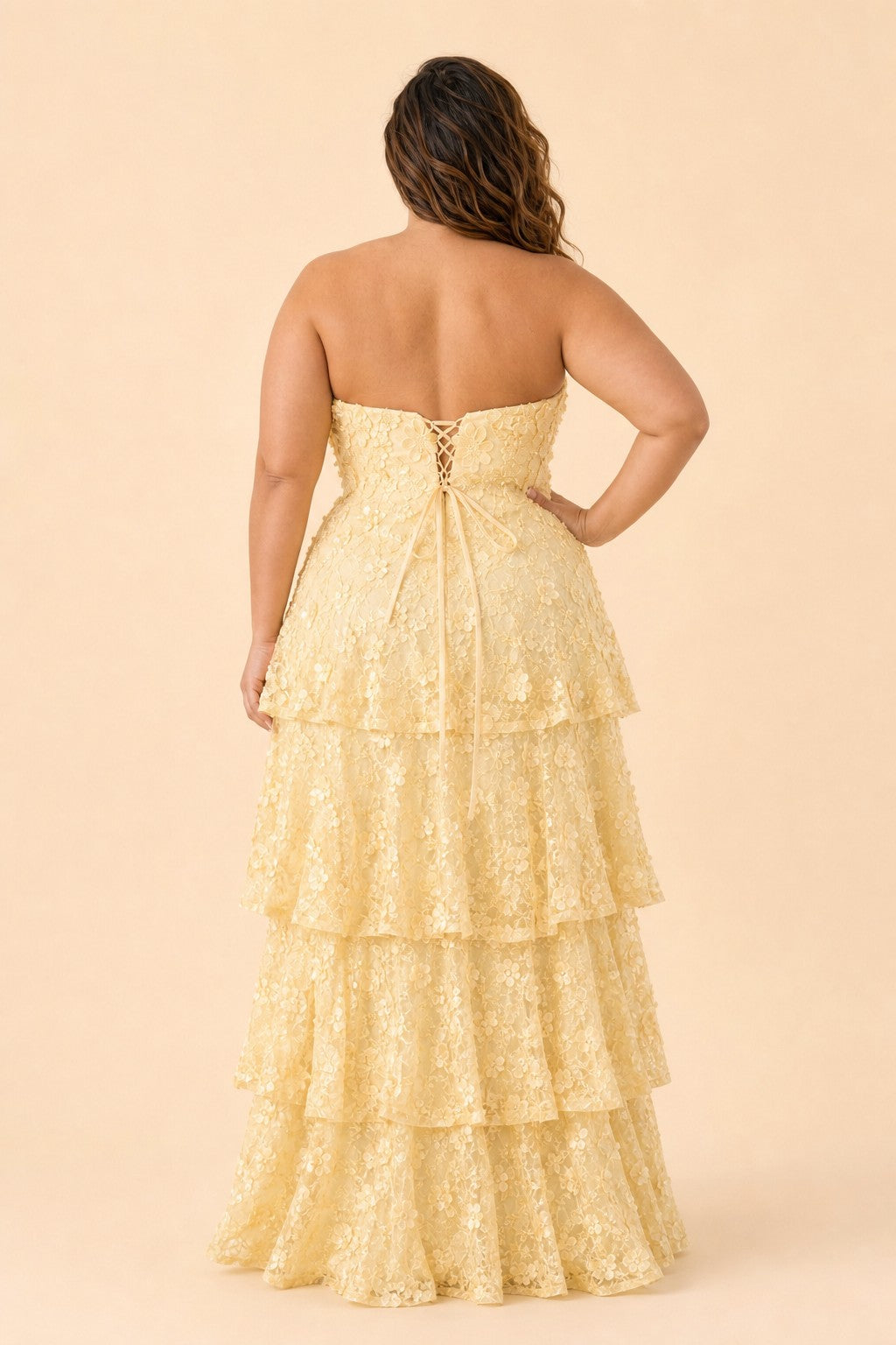 Romantic Lace Up Back Bridesmaid Gown Featuring 3D Floral Appliqué Tiered Flowy Skirt