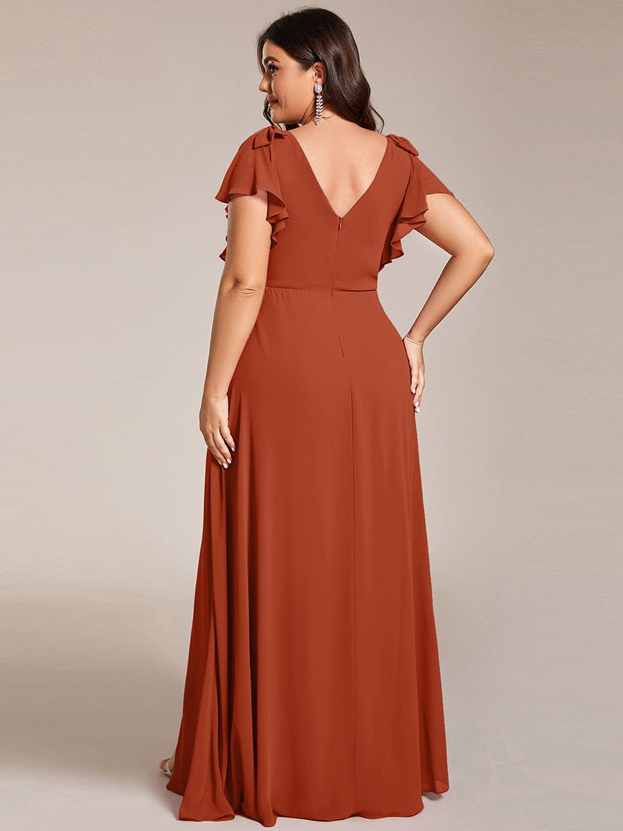 Plus Size Split Ruffles Sleeves with Bowknot Double V-neck Chiffon Bridesmaid Dress